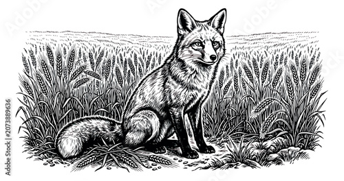 Photos Vintage woodcut fox illustration, hand drawn wild animal in meadow, rustic black