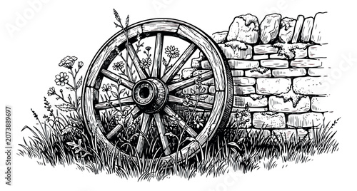Vintage wooden wagon wheel leaning against a rustic stone wall, hand drawn ink sketch of a rural farm landscape, old carriage wheel with wildflowers