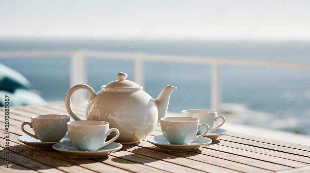 Obraz premium Tea set on balcony table with ocean view at sunrise