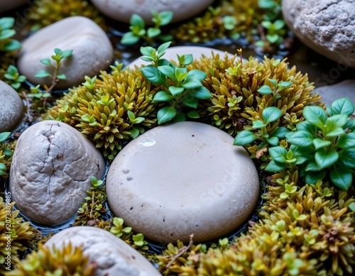 Serene Garden Pond with Smooth Stone and Vibrant Moss