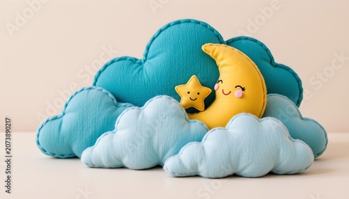 Whimsical Cloud Scene with Plush Moon and Stars for Nursery