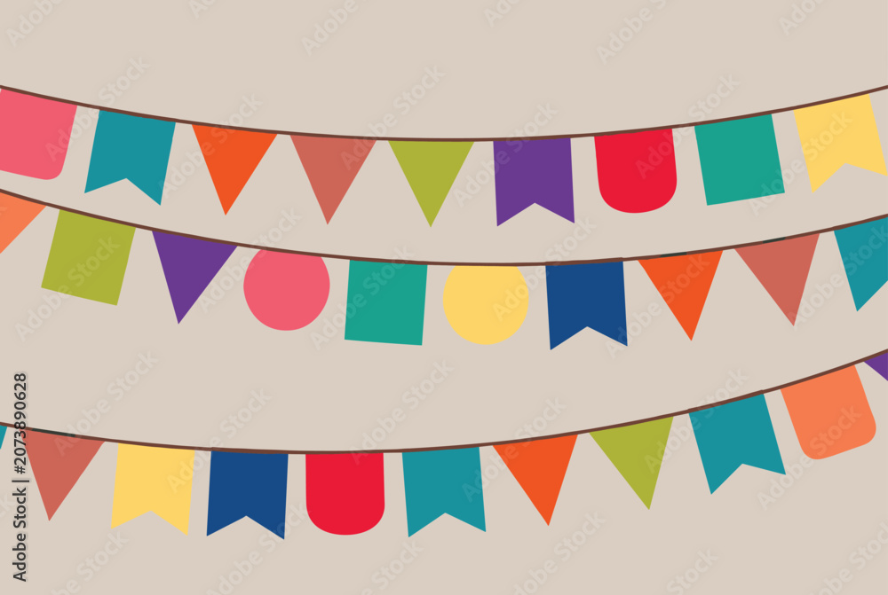 Obraz premium Three rows of colorful party bunting flags in various shapes like triangles and rectangles hanging on strings for a celebration.