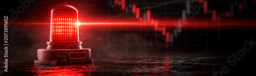 Red Alarm Lamp with Downturn Chart: A red alarm lamp flashes urgently, its light reflecting on a wet surface, with a stark chart showing a financial downturn in the blurred background.
