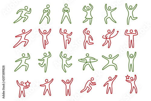 Collection of various stick figure illustrations in green and red
