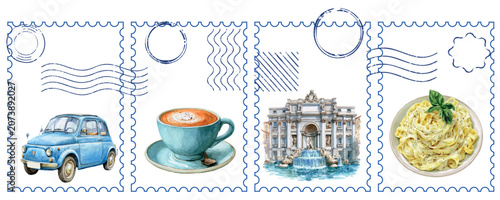 Photos Italian travel concept showing traditional cuisine, classic car, coffee, and tre