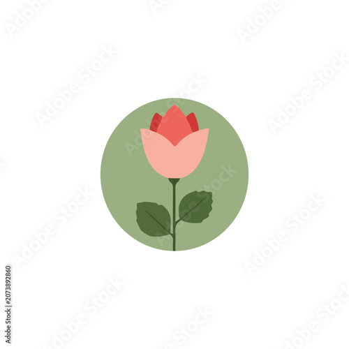 Pink rose bud flower icon inside green circle isolated vector illustration.