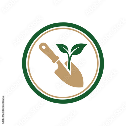 Gardening shovel icon with a small green plant sprout inside a circular frame for landscaping and eco friendly agriculture concepts representing growth and sustainable nature care design element Vecto