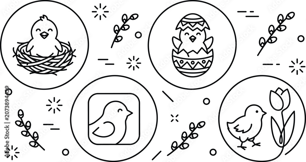Fototapeta premium Cute Easter Chick Circle Badge Line Art Icon Set with Hatching Egg and Pussy Willow Vectors