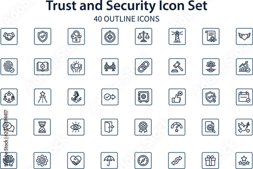 Trust and Security Icon Set, 40 Outline Icons for Cyber Protection and Business Reliability, Minimalist Web Safety Vector Graphics