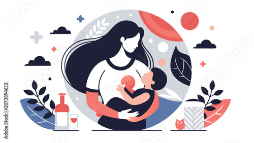 Modern flat vector illustration of mother breastfeeding baby in a serene abstract botanical setting