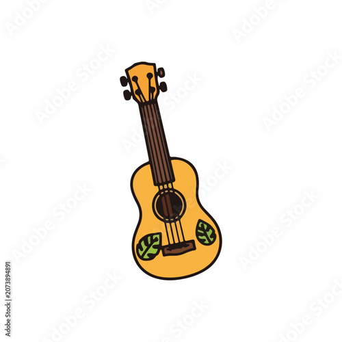 Cute hand drawn ukulele guitar with green leaves illustration isolated on white background.