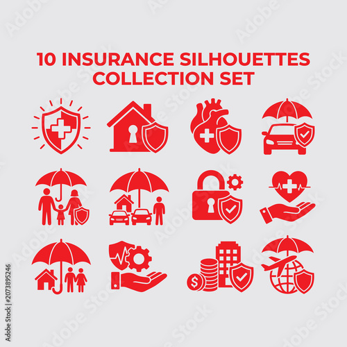 Insurance Silhouette Icon Set: Family, Health, Home, Car and Financial Protection Symbols