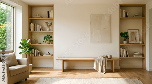 Modern living room interior with wooden bookshelves shelves plants and a bench in a sunny light apartment
