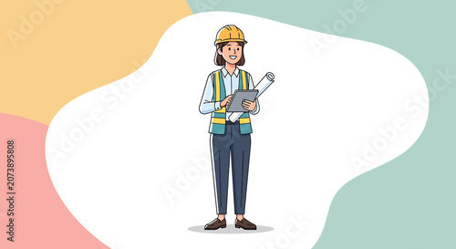 Woman wearing safety vest and hardhat.