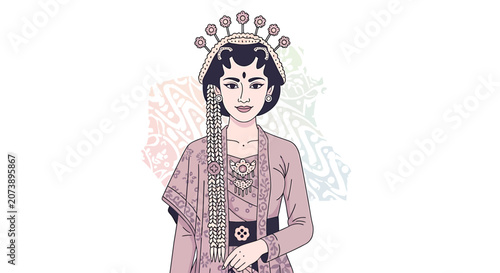 Woman wearing tiara and dress.