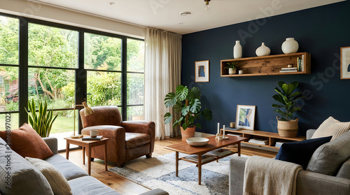 Modern living room interior with cozy armchair and coffee table featuring dark walls and large windows