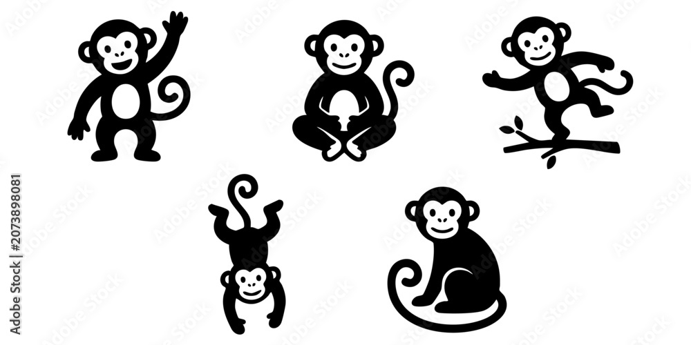 Obraz premium Five monkeys are playing on a tree branch and sitting on the ground