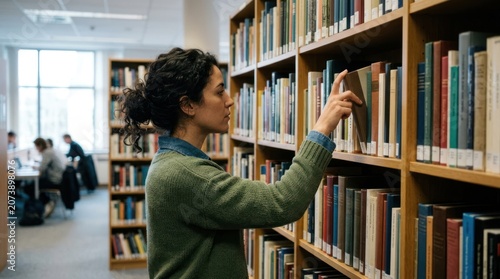 Woman browsing books on library shelf.