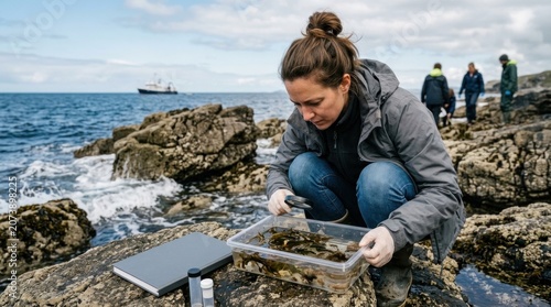 Woman scientist studying ocean ecosystem rocks.