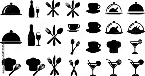 Fotografie The illustration showcases various restaurant and food service icons on a white background