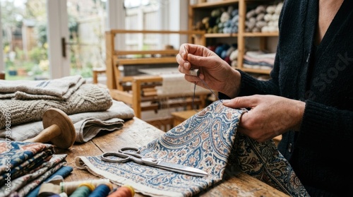 Woman sewing fabric in workshop studio.