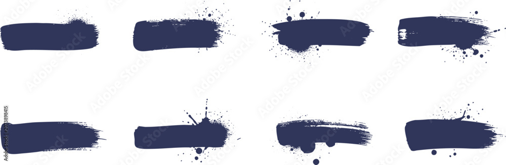 Obraz premium Grunge brush strokes set with paint splatter and splashes. Dark navy blue hand drawn ink smears and stains on white background. Vector collection of textured banner elements