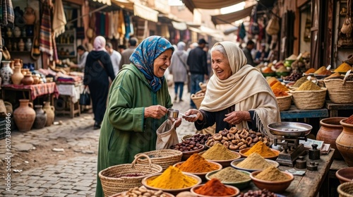 Women shopping at outdoor market stalls.