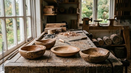 Wooden bowls on rustic workbench indoors.
