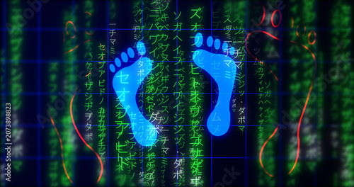 Foto Glowing human digital footprints on falling matrix rain