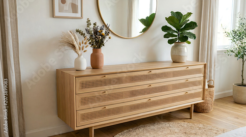 Modern wooden dresser with rattan drawers and decor items in a bright living room home interior