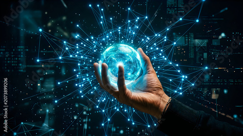 Human hand holding a glowing digital globe with network lines and data connections in dark space