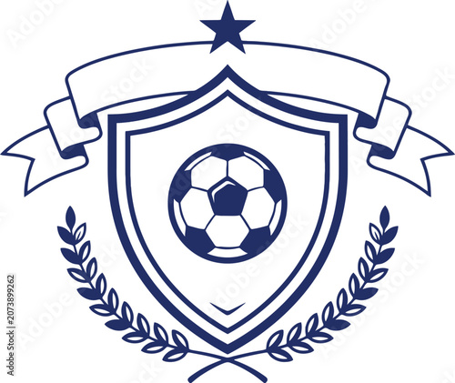 Soccer emblem with shield ribbon and laurel wreath vector illustration for sports branding