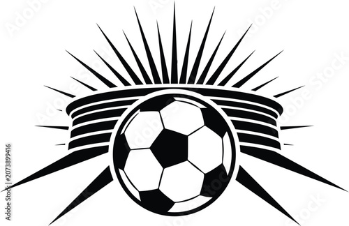 Soccer stadium with ball and sharp rays during sporting event vector illustration