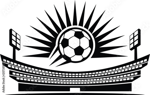Soccer stadium with dynamic ball against sunburst and spotlights vector illustration