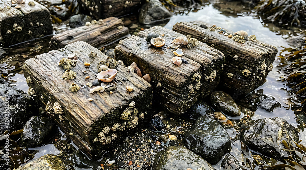 Fototapeta premium Weathered wood blocks with barnacles and shells on rocky shoreline