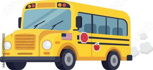 Yellow school bus driving with smoke against white background vector illustration