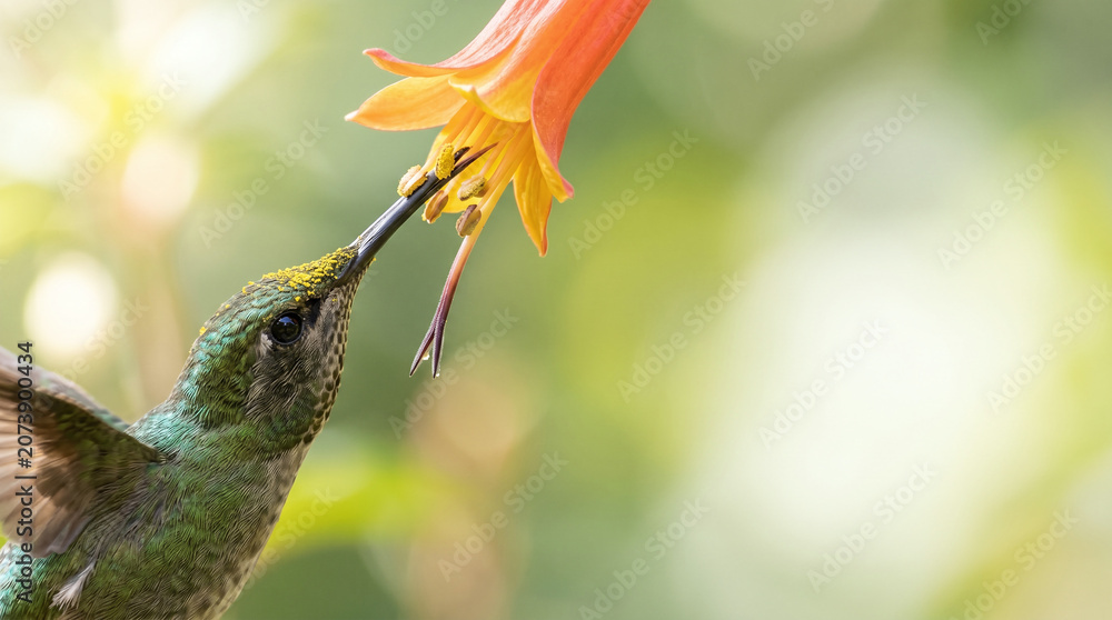 Fototapeta premium Hummingbird feeding flower nectar