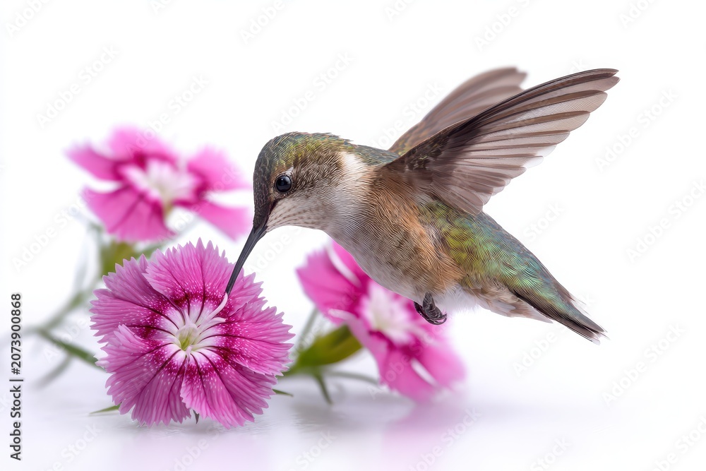 Fototapeta premium Macro image of a hummingbird hovering near pink dianthus blossoms in a pristine studio setting