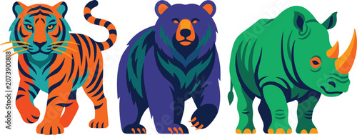 Photography Vibrant Colorful Wild Animals Mascot Set with Walking Tiger Grizzly Bear and Rhi