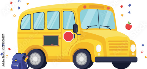 Yellow school bus with backpack and during autumn with confetti and stars Vector Illustration
