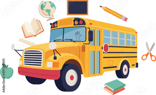 Yellow school bus with educational elements floating around during bright daylight vector illustration