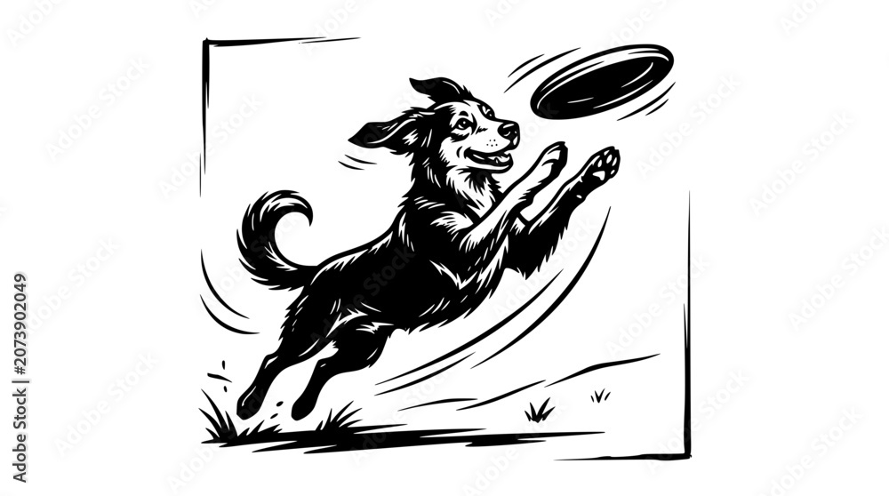 Obraz premium Black and white vector illustration of dog catching frisbee mid air
