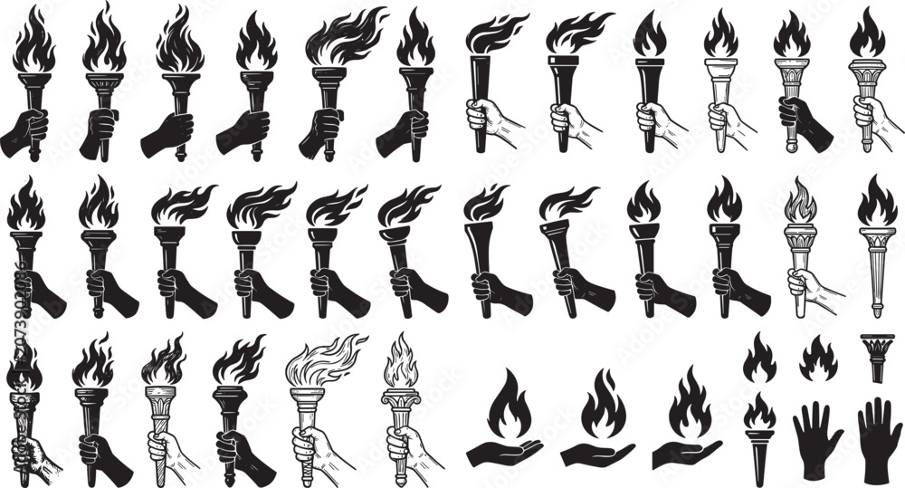 Obraz premium Hand holding burning torch vector icon set with black silhouette flames for sports freedom achievement and retro logo design