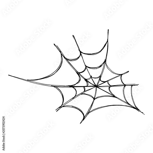 Black and white illustration of a spiderweb. A hand drawn monochrome image in a simple, childlike style  in EPS format. Grunge-style Halloween party doodles  for greeting cards and packaging.
