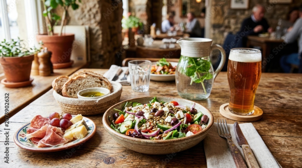 Fototapeta premium Delicious food and drink on wooden table.