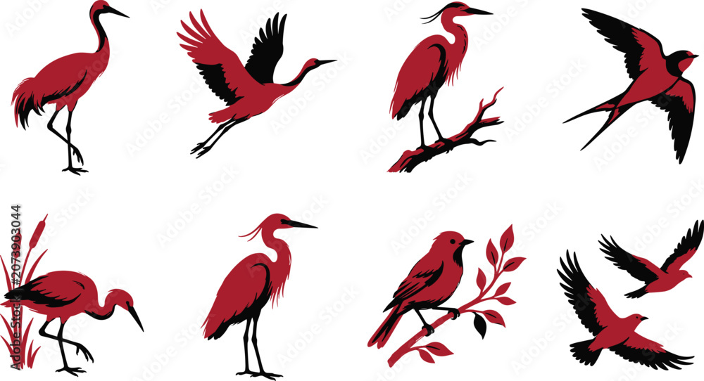 Fototapeta premium Red and Black Bird Silhouette Collection Vector Set Featuring Cranes Herons Songbirds and Flying Birds