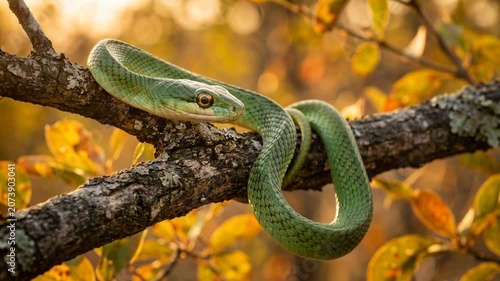 beautiful bird snake coiled on tree branch closeup golden sunset composition in African savanna wild