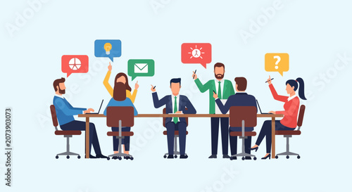 Group Discussion Vector Illustration Flat Design People Meeting Table Speech Bubbles Icons Communication