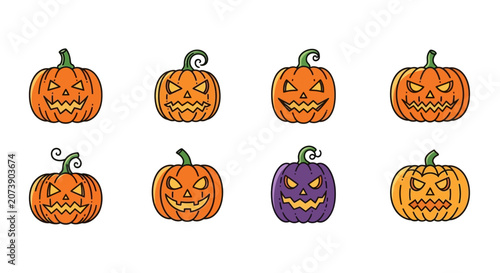 Halloween Pumpkins Flat Style Illustrations Set