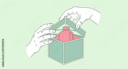 Hands Opening Box with Pink Cylinder in Minimalist Vector Illustration